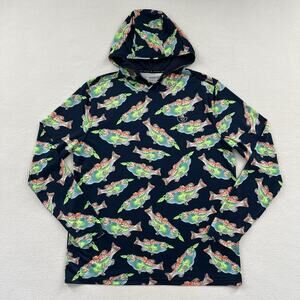 Googan Squad Men Hoodie Long Sleeve Navy Blue All Over Bass Fish Print Shirt M